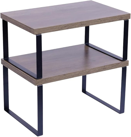 Sben Cabinet Organizer Shelf, Set of 2 Kitchen Counter Shelves, Kitchen Storage, Spice Rack, Stackable, Expandable, Metal and Engineered Wood, Ink Black and Brown Surface