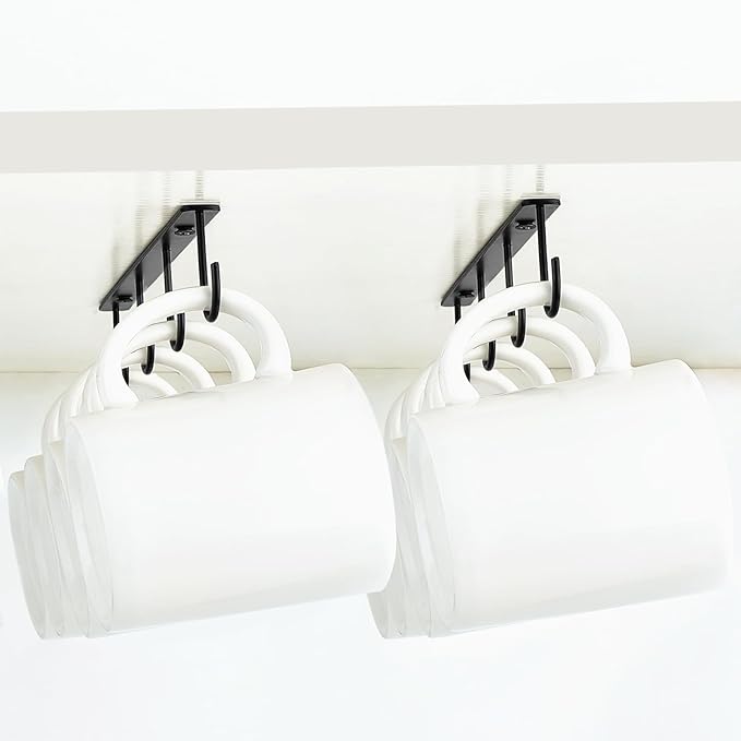 Mkono Under Cabinet Mug Hanger Set of 2 - Metal Hooks Coffee Cup Holder with 8 Hooks - Simple Organizer for Cabinet Shelf - Modern Storage Display Rack for Kitchen Coffee Bar, Black