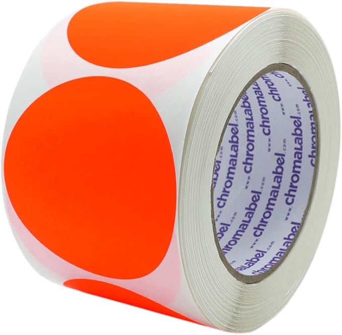 ChromaLabel 3 Inch Circle Sticker Labels, High Visibility Round Colored Stickers, Removable Sticky Dots - 500 Dot Stickers per Roll, Fluorescent Red-Orange Label Sticker