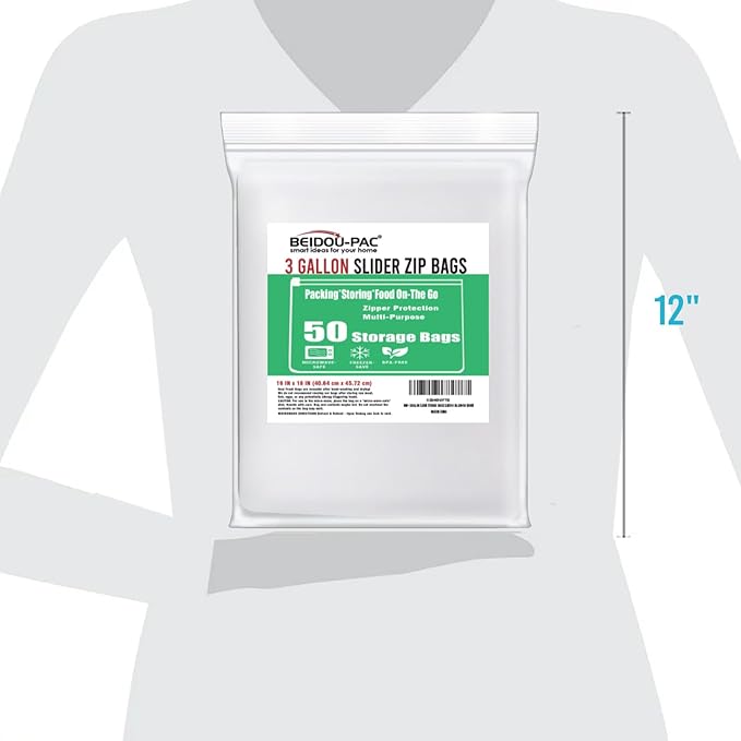 3 Gallon Large Slider Plastic Bags, | 50 Count | 2 Mil | 16" x 18" | Heavy-Duty Reusable Clear Freezer Storage Bags(Slider-3 gallon-50count)