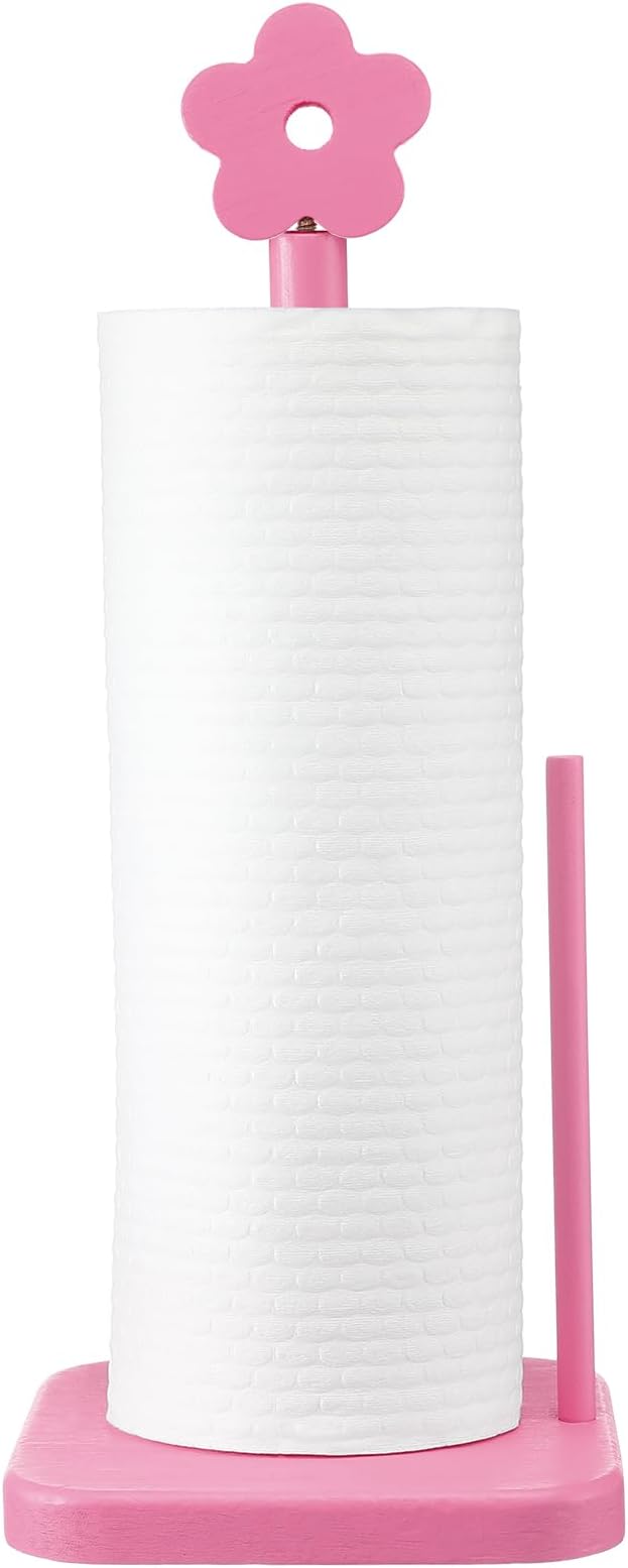 Leinuosen Pink Flower Paper Towel Holder Coquettish Cute Flower Wooden Paper Towel Holder Pink Bathroom Countertop Accessories Kitchen Roll Stand Organizer Standing Apartment Decor Housewarming Gift