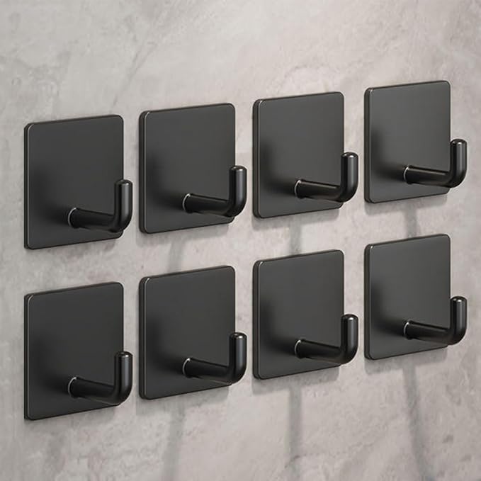 EDMILE Adhesive Hooks for Hanging, Self-Adhesive Wall Hook for Key Hat Coat, No Drill Stick on Bathroom Towel Hooks, Shower Kitchen Door Home Outdoor 8 Pack, Black