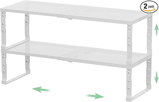 Flat Top Storage Rack - Expandable 16.5"~27" W Countertop Space Saver, Heavy-Duty Steel Construction, Powder Coated Finish for Kitchens, Bathrooms, Workshops or Offices