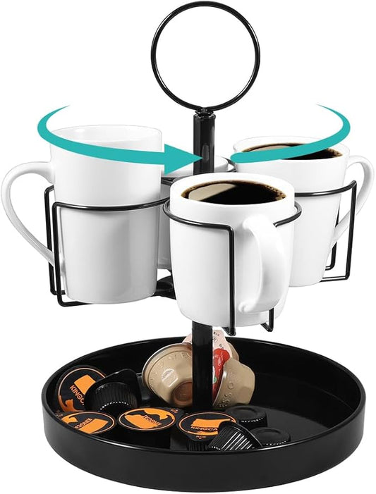4 Mugs Stand Holder, Rotatable Metal Coffee & Beer Mug Rack with Tray Cups Drink Stand for Parties Countertop