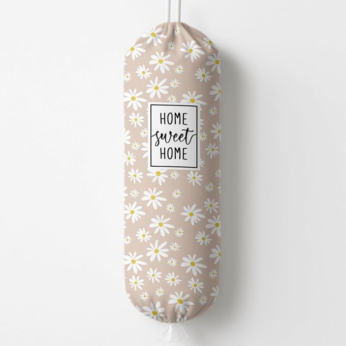 Plastic Bag Holder, Home Sweet Home Plastic Bag Holder for Kitchen Essentials, Daisy Bags Holders for Plastics Bags Groceries Store, Floral Reusable Plastics Sack Storage Dispenser forKitchen Decor