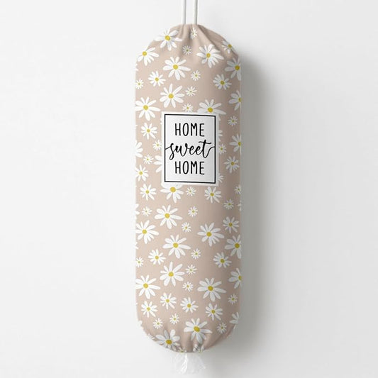 Plastic Bag Holder, Home Sweet Home Plastic Bag Holder for Kitchen Essentials, Daisy Bags Holders for Plastics Bags Groceries Store, Floral Reusable Plastics Sack Storage Dispenser forKitchen Decor