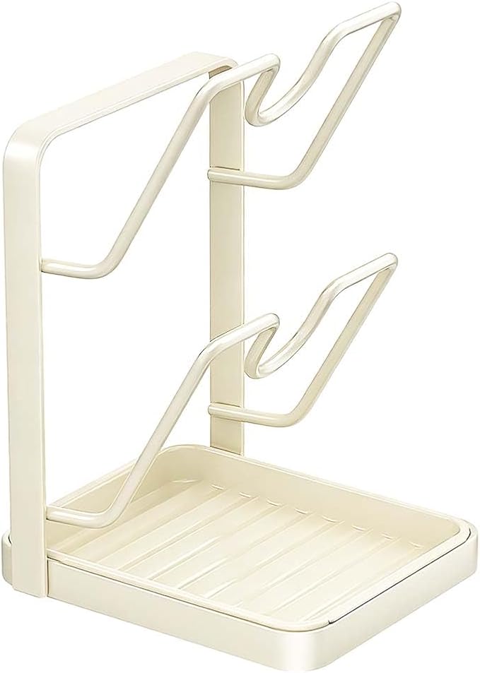 Kitchen Pot Lid Storage Rack,Thickened Carbon Steel Pot Lid Holder While Cooking,Multifunctional Pot Lid Organizer For Kitchen Countertop,With Removable Drip Tray (white - Double layer)