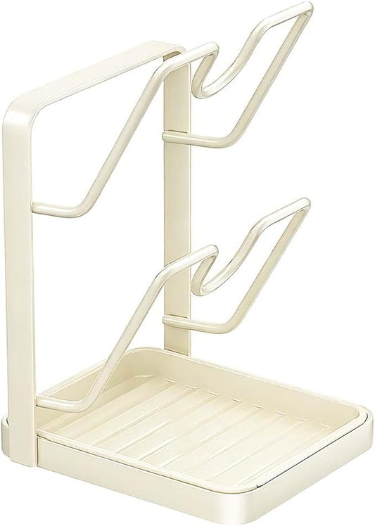 Kitchen Pot Lid Storage Rack,Thickened Carbon Steel Pot Lid Holder While Cooking,Multifunctional Pot Lid Organizer For Kitchen Countertop,With Removable Drip Tray (white - Double layer)