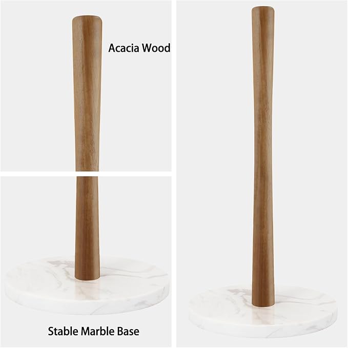 Buruis Wood Paper Towel Holder, Marble Base Modern Decorative Countertop Standing Rolls Holder for Kitchen, Toilet, Pantry and Bathroom (Marble Base White)