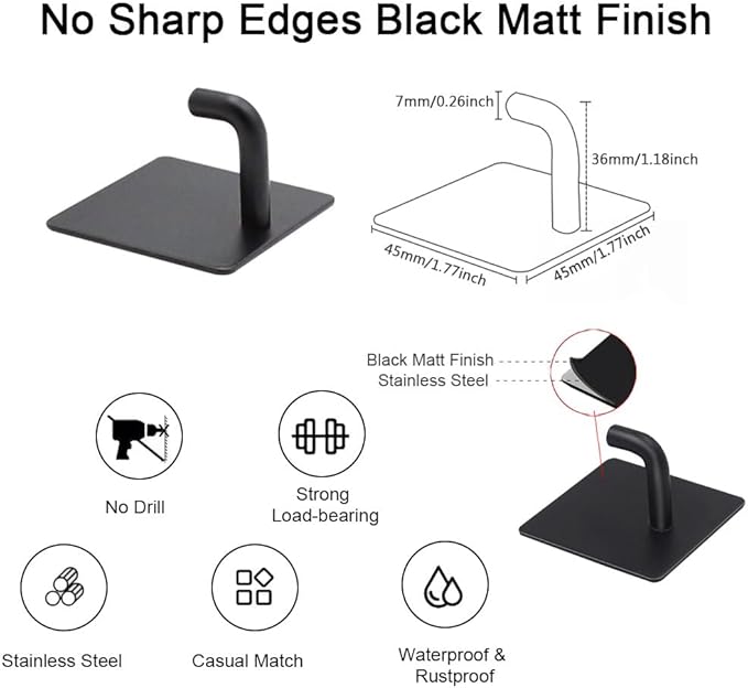EDMILE Adhesive Hooks for Hanging, Self-Adhesive Wall Hook for Key Hat Coat, No Drill Stick on Bathroom Towel Hooks, Shower Kitchen Door Home Outdoor 8 Pack, Black