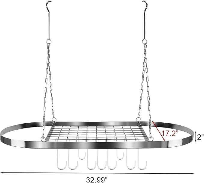 Sorbus® Pot and Pan Rack for Ceiling with Hooks — Decorative Oval Mounted Storage Rack — Multi-Purpose Organizer for Home, Restaurant, Kitchen Cookware, Utensils, Books, Household (Hanging Chrome)