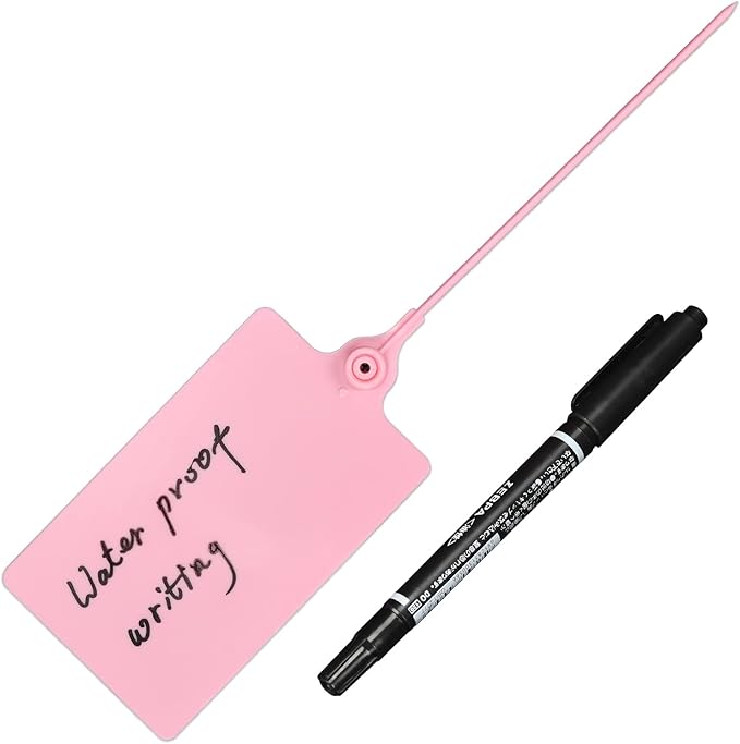 LeadSeals 100 Plastic Shipping Tags - Waterproof, Writable, Hanging Tags with One Pink Marker Pen
