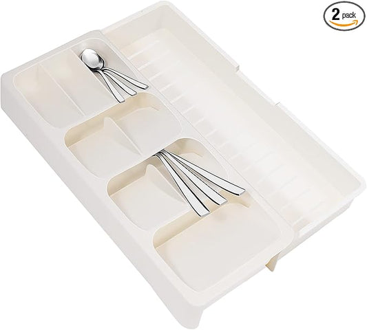 Faridabio Kitchen Drawer Organizer Tray,Expandable Cutlery Silverware Organizer Storage Tray for Kitchen Drawer Flatware Spoons Forks,Creamy White