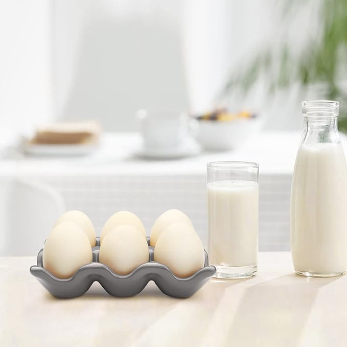 Flexzion Porcelain Egg Crate - 6-Egg Capacity Ceramic Egg Tray, Half Dozen Egg Holder for Fridge, Countertop Display - Gray Decorative Serving Dish and Storage Organizer, 2 Pack