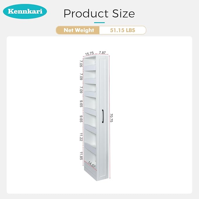 7 Tier multi-functional pull-out storage Cart for Next to Fridge, Rolling Slim Narrow Utility Cart for Small Spaces, Single sided open Spice Rack for Kitchen, Living Room & Narrow Spaces (White)