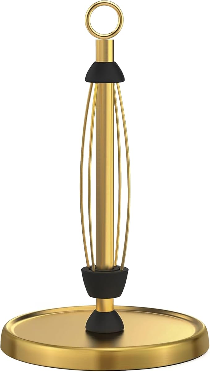 Gold Paper Towel Holder Countertop, Gold Kitchen Accessories Decor, One-Handed Tear, Stainless Steel, Weighted Base, Ring Paper Towel Holder Stand with Ratchet System for Kitchen Farmhouse Essentials