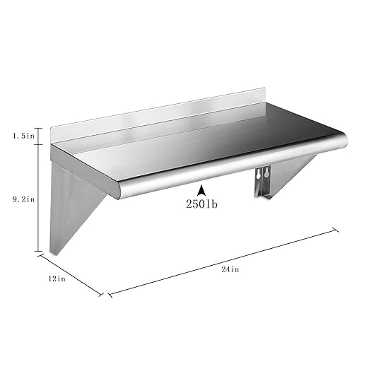 ROCKPOINT Stainless Steel Shelf 12 x 24 Inches 250lb, NSF Metal Commercial Shelves Wall Mount Floating Shelving with Backsplash for Restaurant, Kitchen, Home and Hotel, Silver