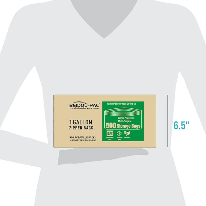 BEIDOU-PAC Gallon Food Storage Freezer Bags, 500 Count | Double Zipper | 10.5" * 10.7", Freshness Easy Open Reclosable Clear Plastic Bags
