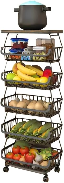 Metal Wire Baskets with Wheels, Stackable Storage Organizer for Kitchen, Bathroom, Office, Fruit & Vegetable Cart, Tableware Rack with Wooden Top