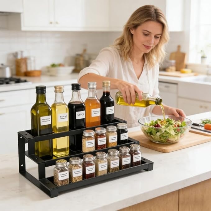 3-Tier Spice Rack Organizer, 16"-29" Expandable Adjustable Shelf, Slip-Resistant Metal Storage for Kitchen Cabinet Countertop Pantry, Seasoning Jar Bottle Display Stand, Black