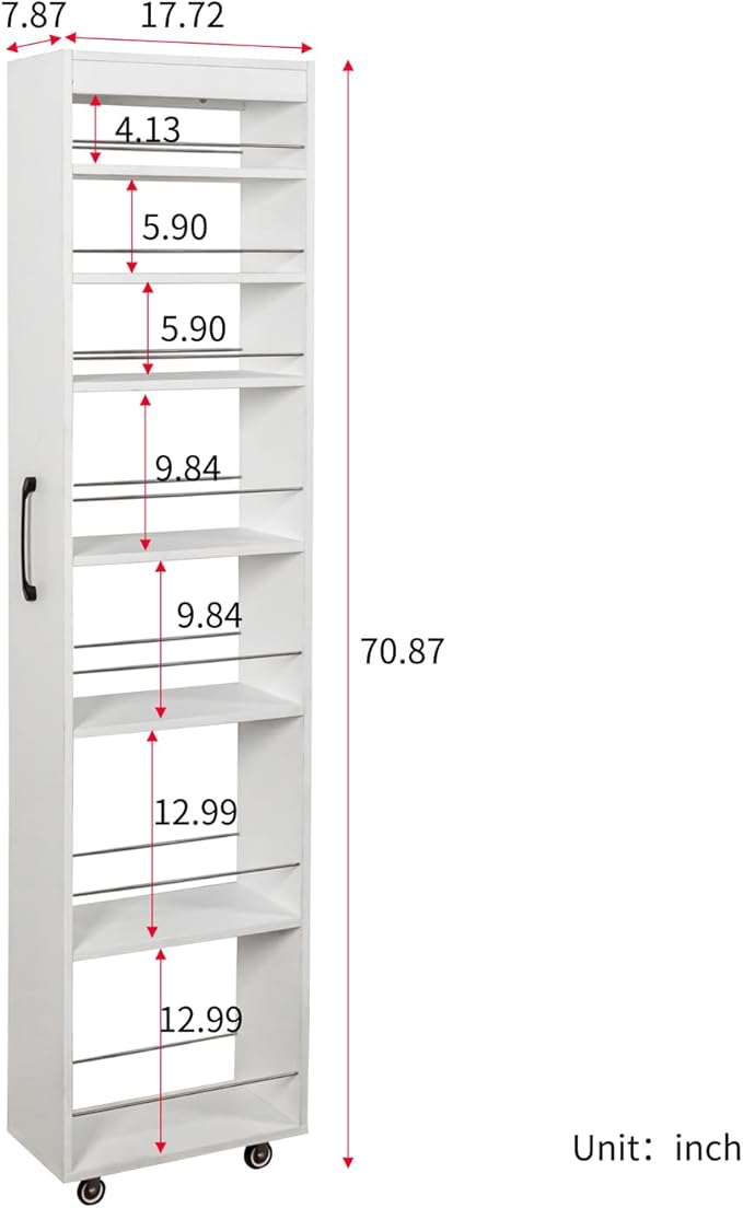7 Tier Slim Rolling Storage Cart - Kitchen & Pantry Organizer, Narrow Storage Cabinet with Handle & Wheels, Spice Pull-Out Rack Next to Fridge Storage Shelf (White B-7 Tier Shelf Unit)