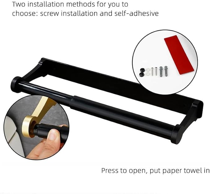 Paper Towel Holder - Self-Adhesive or Drilling, Black, Wall Mounted, Kitchen Roll Dispenser Under Cabinet or Inside Cabinet