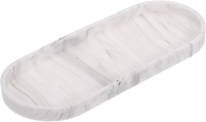 uxcell Bathroom Vanity Tray, 11.8" x 5" Oval Silicone Soap Dispenser Trays, Shatterproof Kitchen Sink Organizer for Soaps Keys Candle Trinket, Marble White