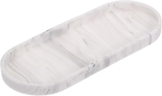 uxcell Bathroom Vanity Tray, 11.8" x 5" Oval Silicone Soap Dispenser Trays, Shatterproof Kitchen Sink Organizer for Soaps Keys Candle Trinket, Marble White
