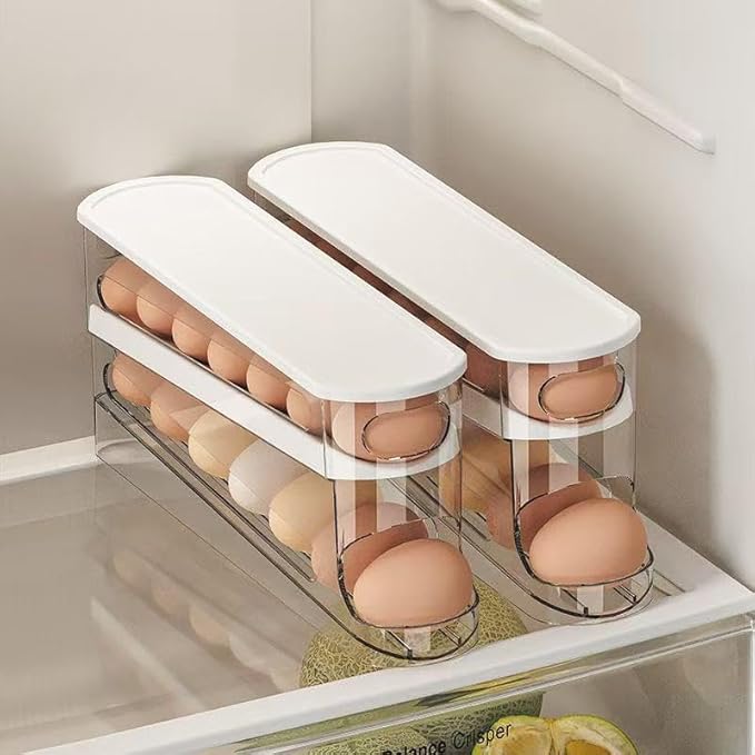 Auto-Rolling Egg Dispenser with Lid - Transparent Fridge Egg Organizer, Space-Saving Refrigerator Storage Box with Slide Design for Side Door, Stackable & Easy Access (1 Pack)