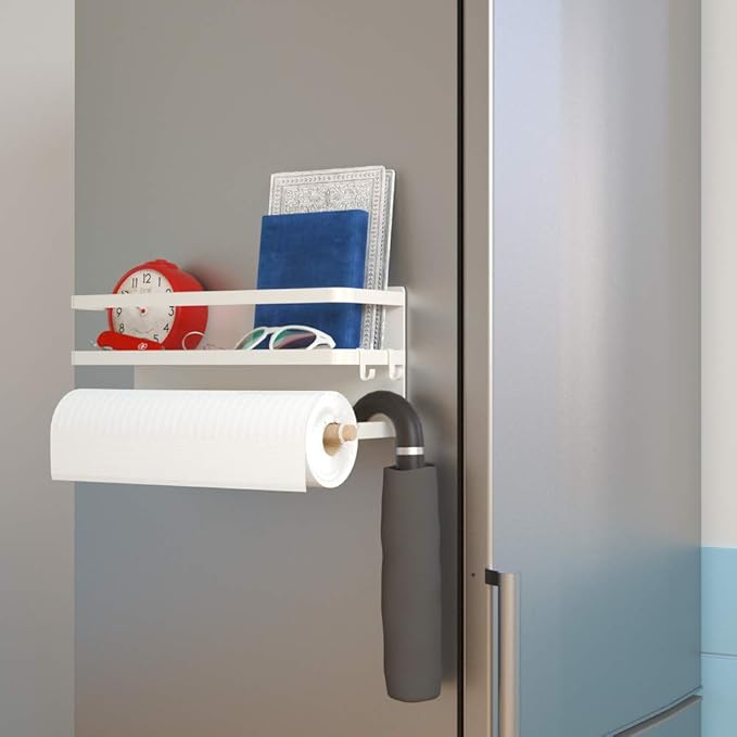 Magnetic Paper Towel Holder for Refrigerator,Magnetic Spice Rack with Paper Towel Rack Storage Organizer Fridge Shelf,Used for Kitchen,Bathroom, Drill Free (B-Black) (White)