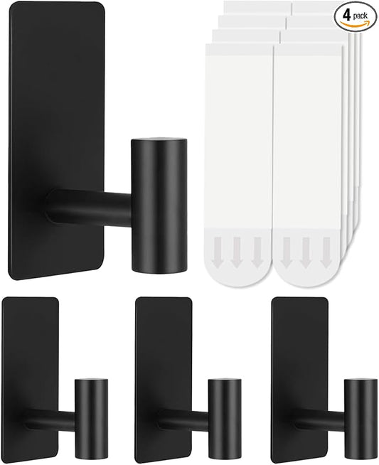 4 Pcs Towel Hooks Heavy Duty for Hanging，Adhesive Wall Hooks with Removable Strips，Sticky No Damage，Outdoor for Bathrooms，Shower，Stockings，Decor，Robe，Large，Black 304 Stainless Steel