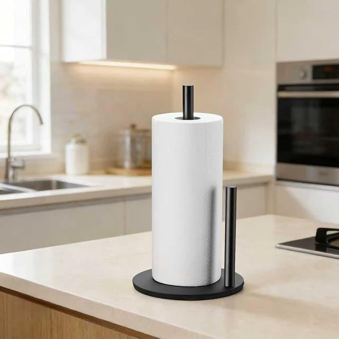 Paper Towel Holder Kitchen,Premium Stainless Steel Roll Dispenser,Countertop Paper Holder with Weighted Base, Black