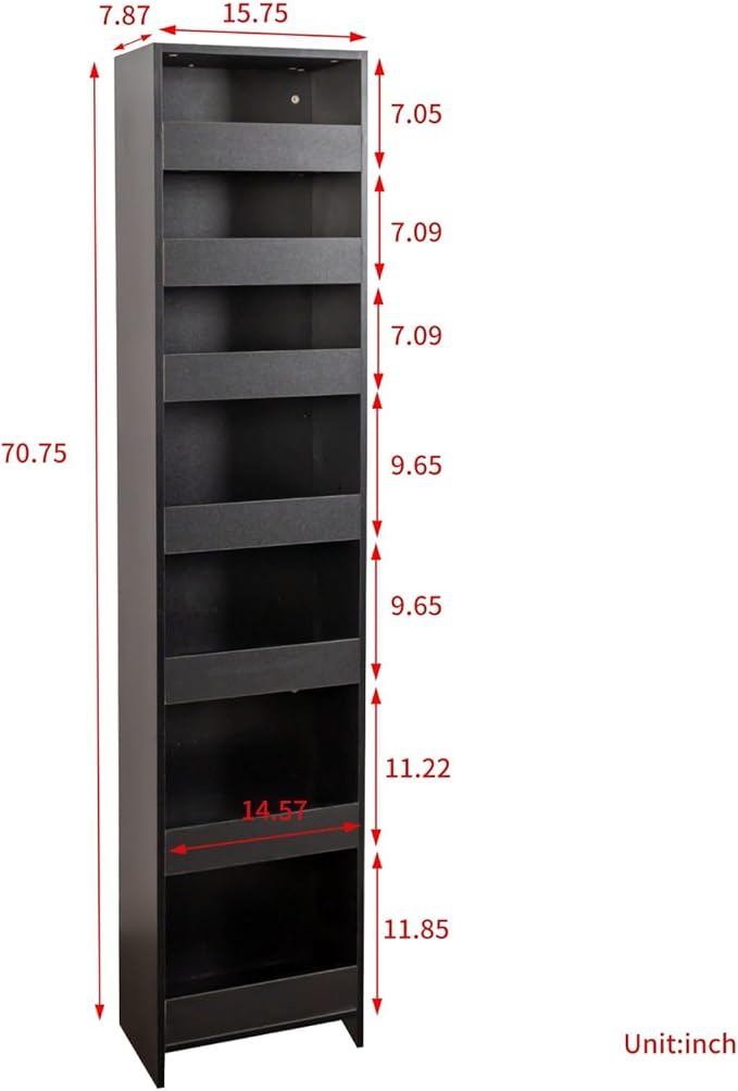 7 Tier Slim Storage Cart with Wheels, 70.75" Rolling Pull Out Pantry Organizer Rack for Kitchen Bathroom, Space Saving Narrow Gap Storage Shelf Between Refrigerator & Counter, Black