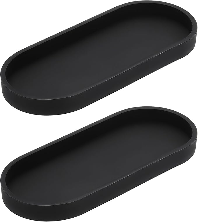 uxcell 2Pcs Bathroom Vanity Tray, 9.8" x 4" Oval Silicone Soap Dispenser Trays, Shatterproof Kitchen Sink Organizer for Soaps Keys Candle Trinket, Black