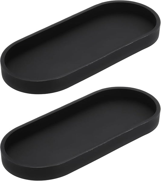 uxcell 2Pcs Bathroom Vanity Tray, 9.8" x 4" Oval Silicone Soap Dispenser Trays, Shatterproof Kitchen Sink Organizer for Soaps Keys Candle Trinket, Black