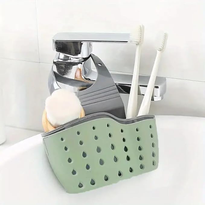 Kitchen & Bathroom Sink Caddy – Adjustable Hanging Strap Sponge and Soap Holder with Drain Holes for Drying, Plastic Faucet Organizer