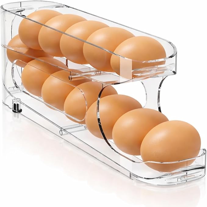 Egg Holder for Fridge, Auto Rolling Egg Storage Organizer for Refrigerator, Clear Space Saving Container, Dispenser - FIFO Egg Roller for Eggs 12 Count