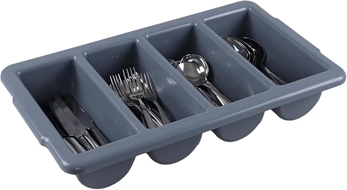 4 Pack Plastic 4-Compartment Commercial Cutlery Bin, Plastic Restaurant Silverware Holder Tray, Grey