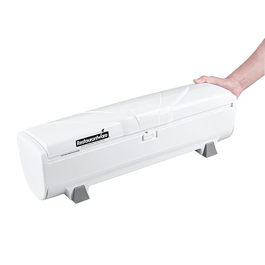 Restaurantware-Chef 101 Food Wrap Dispenser with Cutter, 1 Refillable Cling Wrap Dispenser - Fits 12â€ to 18â€ x 2000â€™ Rolls, Press Down and Cut, White Plastic Aluminum Foil, Sharp Blade