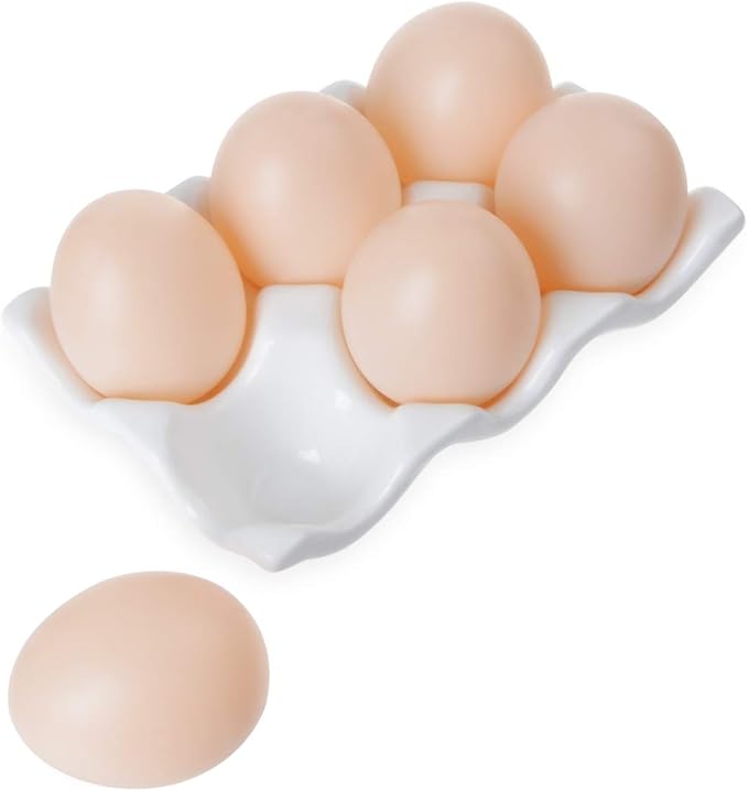 Ceramic 6 Cups Egg Tray - Half Dozen Porcelain Egg Holder Container Keeper Storage Organizer Decorative Serving Dish Plate for Refrigerator Fridge Countertop Display Kitchen Home (White)