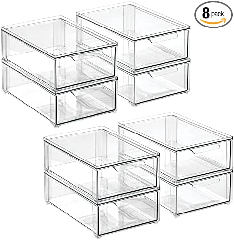 mDesign Plastic Stackable Bathroom Storage Organizer Bin with Pull Out Drawer for Cabinet, Vanity, Shelf, Cupboard, Cabinet, or Closet Organization - Lumiere Collection - 8 Pack - (Clear, 8 x 12 x 4)