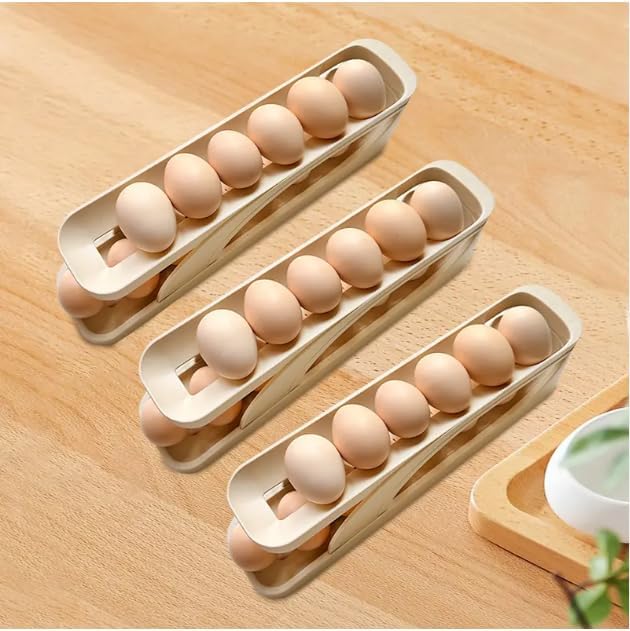 Egg Dispenser for Refrigerator or Kitchen Countertop, Automatic Roll Down Egg Storage for Fridge, Space Saving Gravity Fed Egg Holder and Organizer Tray (Beige/Off White)