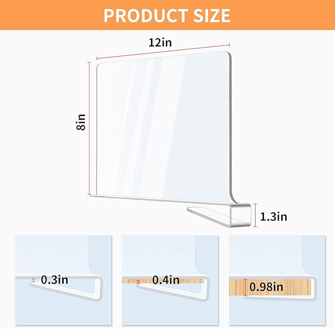 Acrylic Shelf Dividers, Clear Shelf Divider for Closet Organization, Closet Shelf Separators for Clothes/Purses, Wood Shelves Organizer in Bedroom, Kitchen, Office, Cabinets, Bathroom Storage (6PCS)