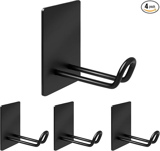 Quavzotu Self Adhesive Hooks Heavy Duty, Large Stainless Steel Towel Hooks, No Drill Sticky Hooks, Long Stick on Shower Wall Hooks for Hanging Hat Coat Key Headphone (Black(4Pcs))