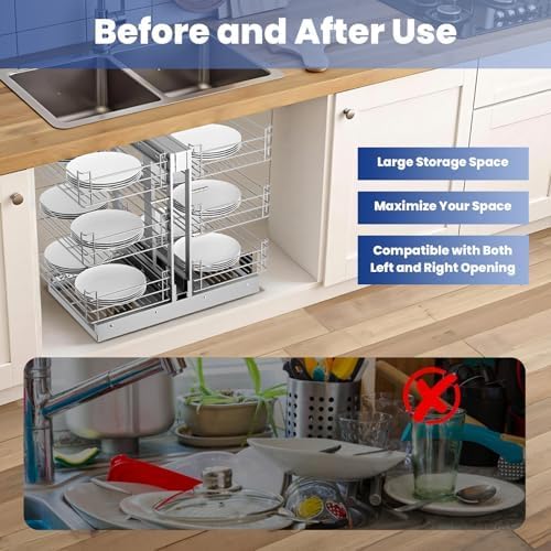 Heavy Duty Stainless Steel Corner Pull Out, 3 Tier 6 Basket Cabinet Organizer for 17" Opening, Soft Close Slide Out Shelves