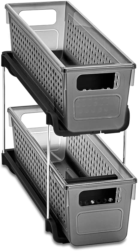 madesmart Premium Small 2 Tier Organizer, Under Cabinet Storage with Sliding Drawers, for Cleaning Supplies, Pantry, Sponges, Bottles, Adjustable Dividers & Pull Out Sliding Baskets, Carbon