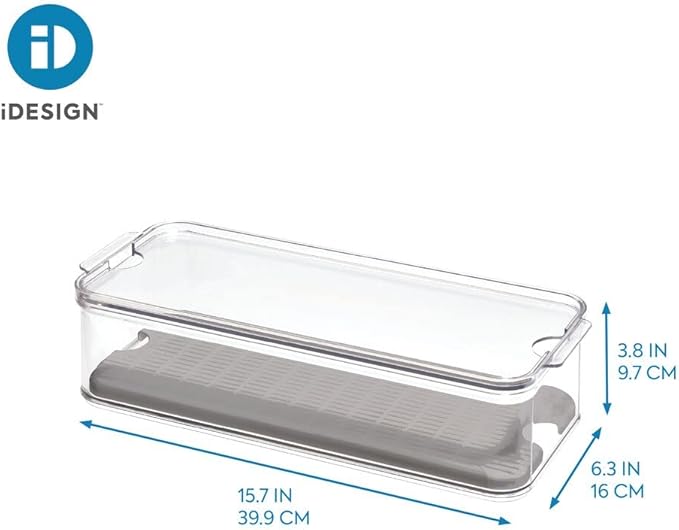 iDesign Crisp Produce Plastic Refrigerator and Modular Stacking Pantry Bin with Lid and Removable Inner Basket, Perfect for Washing Vegetables, Fruit, Lettuce, BPA Free 15.72" x 6.32" x 3.76"