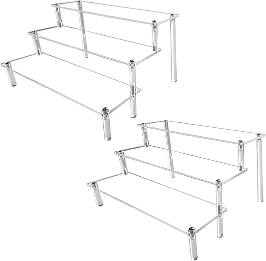 AZEAM Acrylic Riser,2 Pcs Clear Display Risers Stand Cologne Organizer Acrylic Shelves 3 Tier Shelf for Amiibo Funko POP Figures Cupcake Food Desserts Holder Perfume Collection Cosmetic Product