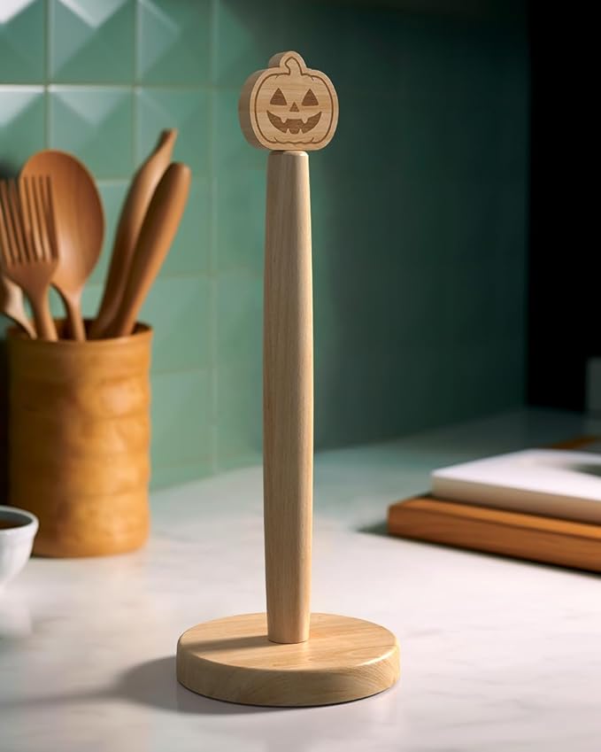 KitchLife Cute Wooden Paper Towel Holder Countertop - Solid Freestanding Paper Towel Dispenser Stand Organizer with Anti-Skid Base (Pumpkin)