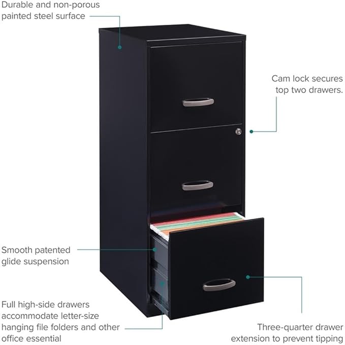 Pemberly Row 3 Drawers 35.5" Vertical Black Metal Filing Cabinet Lockable Pre-Assembled Stationary Letter Size for Home, Office